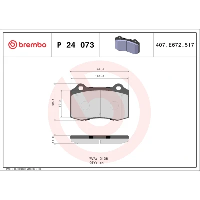Bild av BREMBO P 24 073 Jeu de plaquettes frein contact signal d&#039;usure exclu sans accessoires CITROËN: DS3 3 portes, Cabriolet