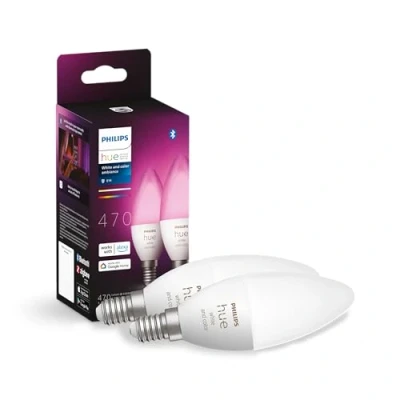 Bild av Philips Hue White and Color ljuskälla E14 2 pack, LED 4W, 470 lumen, 2200 6500 Kelvin, Zigbee &amp; BT, full färg, livslängd 25000 timmar, röststyrning via Amazon Alexa, Google Home Assistant och Siri