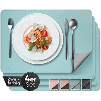 Bild av Loco Bird Precious placemats av PU läder set med 4 stycken Tvåfärgad petrol/ljusgrå Placeringsmattor avtorkningsbar 43x30cm läderlook tvättbara imitation leather