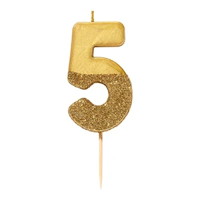 Bild av Talking Tables Gold nummer 5 födelsedagsljus med glitter tårtdekoration för barn, vuxna, 50. Födelsedagsfest, jubileum, milstolpar, höjd 8 cm, 3 tum