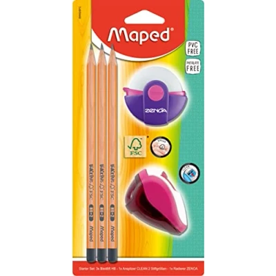 Bild av Maped startset för elever av FSC certifierat trä 3 x penna BLACK&#039;PEPS, 1 suddgummi ZENOA, pennvässare CLEAN grön, rosa, blå slumpmässigt färgval, 5 stycken (1 pack)