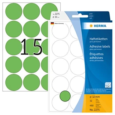 Bild av HERMA 2275 multifunktionsetiketter/runda färgade prickar (Ø 32 mm, ark, papper, matt) självhäftande, permanenta märkningspunkter för handskriven märkning, 480 klistermärken, grön