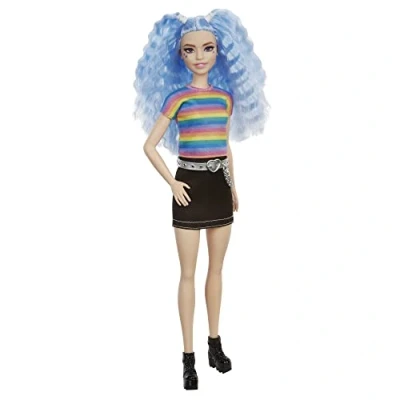 Bild av Barbie GRB61 Fashionistas docka (blått hår) med tillbehör, i outfit regnbågsskjorta och skor, leksaker för barn från 3 till 8 år