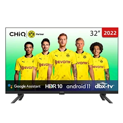 Bild av CHiQ tv, 32 tums smart Android11, HDR, WiFi, Bluetooth, Google Assistant, Chromecast, Netflix, Prime video, YouTube, trippelmottagare (DVB T2/T/C/S2), HDMI/USB, Dolby Audio.
