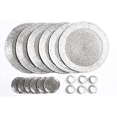 Bild av Penguin Home® Set med 18 glaspärlor bordstabletter, underlägg och servettringar silverfärger runda bordstabletter handgjorda av erfarna indiska hantverkare 32 cm, 3553