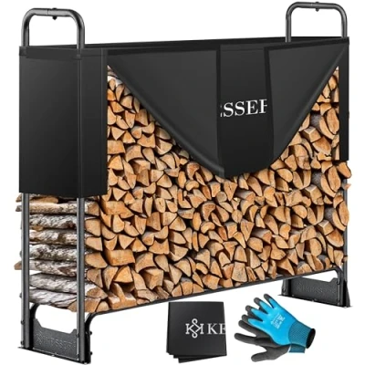 Bild av KESSER® Vedhylla i metall utanför stålram + skydd &amp; handskar 200 kg vattentät Träförvaring Trästaplingshjälp för trädgårdsterrass 130 x 36 117cm