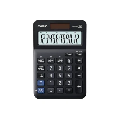Bild av Casio Bordsräknare MS 20F, 12 siffrig styrberäkning, valutututväxling, teckenbyte, sol/batteridrift svart