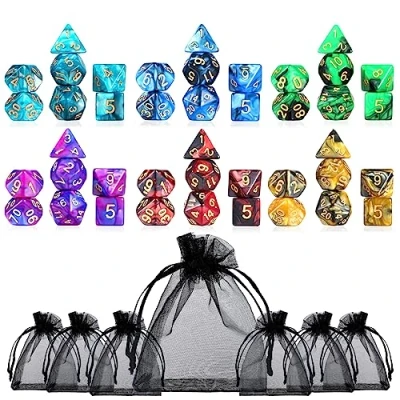 Bild av Moncolis 6 x 7 (42 stycken) polyestertyg kub set med påsar dubbla färger polyester dice spelkub för dungeons och dragons DND RPG MTG W20 W12 W10 W8 W6 W4 bordskort spel