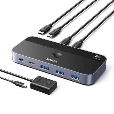 Bild av UGREEN USB switch 2PC 3.0 med 1xUSB C port och 3xUSB A portar, 2 In 4 Out i aluminiumhölje 2USB till A/C kablar för tangentbord, mus, skrivare, minne etc.