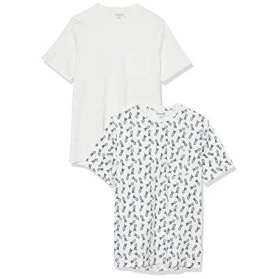 Bild av Amazon Essentials herr normal passform kortärmad rund hals ficka t shirt, paket med 2, ananas tryck/vit, small