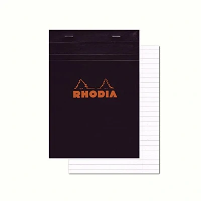 Bild av RHODIA 166009C häftat anteckningsblock nr 16 svart A5 14,8 x 21 cm linjerad 80 löstagbara blad vitt Clairefontaine papper g/m² mjukt, slitstarkt och vattentätt täckt kortomslag
