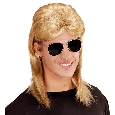Bild av Widmann 01854 80 tals mullet peruk, med glasögon, för karneval och temafester, blond