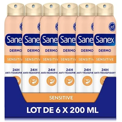 Bild av SANEX Anti perspirant deodorant känslig dermo spray skydd mot svett och lukt 24 timmar för hud återställer naturligt pH dermatologiskt testad 6 x 200 ml