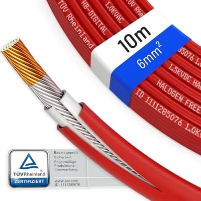 Bild av hb digital solkabel H1Z2Z2 K 10m TÜV Rheinland testad 6 mm² UV beständig flexibel ren koppar 1500V solcellsförlängningskabel för solpanel växelriktare laddningsregulator röd