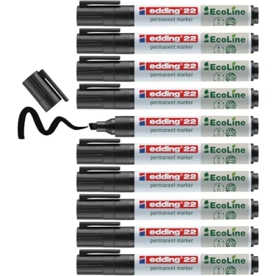 Bild av edding 22 Ecoline permanent marker svart låda med 10 snedskuren spets 1 5 mm vattenfast, snabbtorkande, fläckfria pennor för kartong, plast, glas, trä, metall och tyg går att fylla på