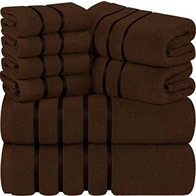 Bild av Utopia Towels 8 delat lyxigt handduksset, 2 badhanddukar, handdukar och 4 tvättlappar, 97% bomull, högabsorberande viskosstrimmiga handdukar, idealiska för daglig användning (Brun)