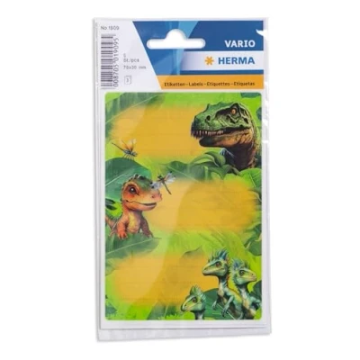 Bild av HERMA 1909 boketiketter för märkning Dino World, 9 stycken, 76 x 35 mm, självhäftande, linjerad, bokdekal skola barn flickor pojkar, flerfärgade häfttiketter klistermärken, färgglada
