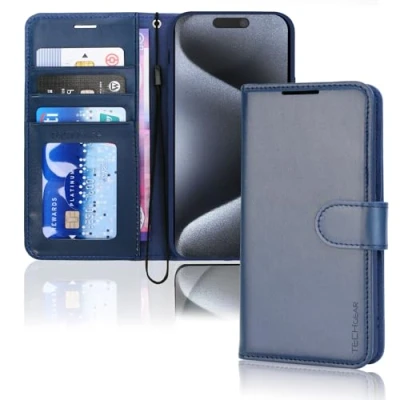 Bild av TECHGEAR iPhone 15 Pro Max läderplånboksfodral, flip skyddsfodral med plånbok korthållare, stativ och handledsrem blått PU läder magnetisk stängning designad för 6,7 tum