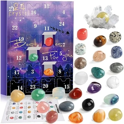 Bild av adventskalender 2024 kristaller för barn, 24 naturliga mineraler ädelstenar jul nedräkning adventskalender, ädelsten advent kalender gåva