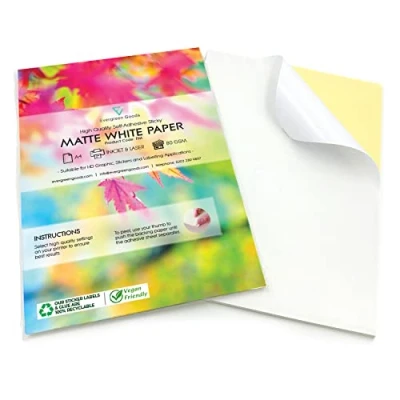 Bild av Evergreen Goods 50 ark A4 matt klistermärke papper vitt självhäftande, bläckstråleskrivare/laserutskrivbara, gör det själv klistermärken, konst och hantverk, plotter kompatibel, stark baksida.