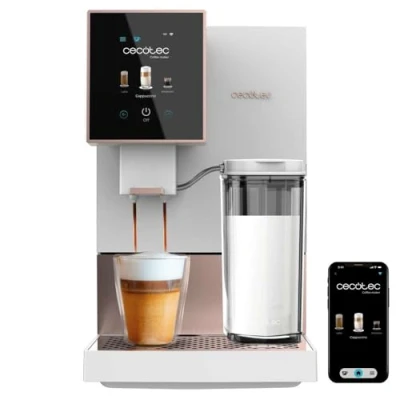 Bild av Cecotec Cremmaet Compactccino ansluten superautomatisk kaffebryggare i vit rosa. 19 bar, TFT och WiFi skärm, termoblocksystem, mjölktank, 150 g kaffebehållare, 5 malningsnivåer