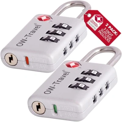 Bild av OW Travel TSA Godkänd Kombinationslås med öppen varningsindikator (Silver 2 pack) 3 siffrig kod lås Säkerhet Ryggsäck Hänglås Resväska, Lås, resväska Gymskåp