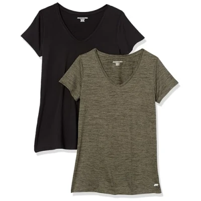 Bild av Amazon Essentials Dames Tech stretchig kortärmad V ringad T shirt (finns i plusstorlek), 2 Pack, Olivgrön Rymdfärg/Svart, XXL