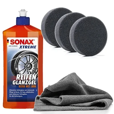 Bild av Däckvård Bundle SONAX Xtreme Däckglans Gel 0,5 l + 3 x detailmate applikatorpad mikrofiberduk vårdar och skyddar däck gummi på bilen, för långvarig glans