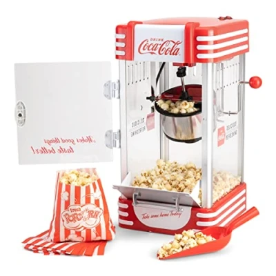 Bild av Salco Coca Cola Popcornmaskin Popcorn Maker i retrodesign rött (50 tal), bio stil, rostfri panna med non stick beläggning, integrerat omrörningssystem, belysning och kabeluppdragning