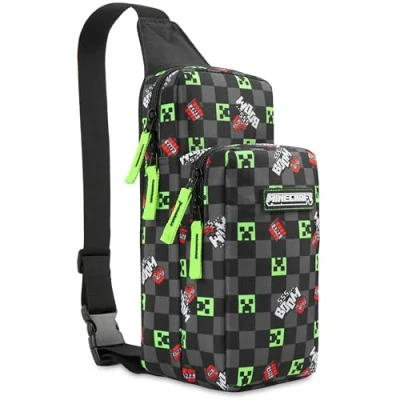Bild av Minecraft axelväska för pojkar tonåringar Creeper med fack justerbar rem bröstväska resor semester idealisk telefon plånböcker spelare gåvor, Svart/Multi, En strolek
