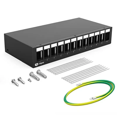 Bild av HB DIGITAL 12 port patchpanel hölje för keystone moduler: RJ45 uttag, RJ11 IEC kontakt/uttag, F kontakt, USB C A BF/AF, HDMI, polklämma gängad bussning BNZ, RCA kontakt svart