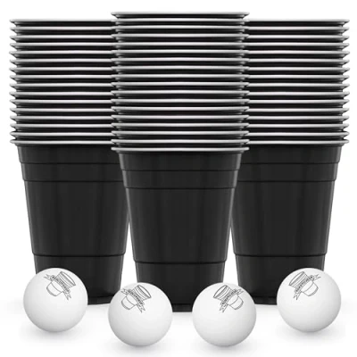 Bild av RedCupShop® Muggset 50 svarta kupor och 4 bollar diskmaskinssäkra återanvändbara, 473 ml, festmuggar