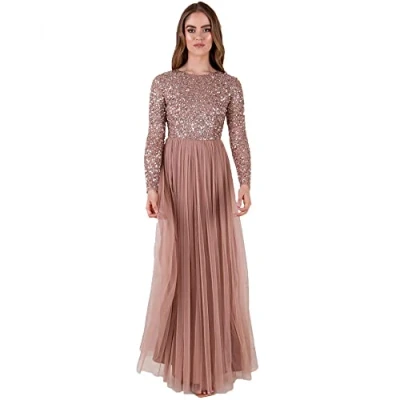 Bild av Maya Deluxe Damklänning för bröllopsgäst plus size imperium hög midja paljetter långärmad kväll brudtärna, Blek malva, 24, Mauve, 50 SE