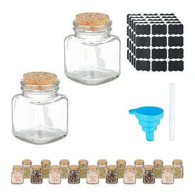 Bild av Relaxdays Kryddburkar, set om 20 st, kryddburkar glas, 100 ml, inkl. etiketter och tratt, kork, silikon