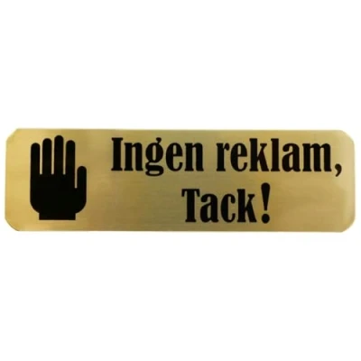 Bild av Ingen reklam tack! Skylt till brevlåda, brevboxar och brevinkast 30x100 mm Självhäftande guldfärgad brevlådeskylt med tydlig, svart text