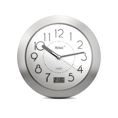 Bild av Kvartsbadrumsklocka, digital display, aluminiumram, sugkoppar, vit urtavla, modell 41964 exakt och funktionell,