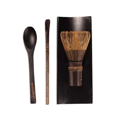 Bild av BambooMN Varumärke 1 set Black Chasen (Tea Whisk) + Tray Chashaku (Hooked Bamboo Scoop) för att förbereda matcha svart te sked av