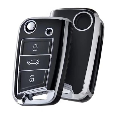 Bild av OATSBASF Bilnyckelsfodral VW, nyckelfodral kompatibelt med VW Golf 7 nyckelfodral, nyckelboxskydd för Polo, Skoda, Tiguan, MK7 3 knappar (silver kant svart)