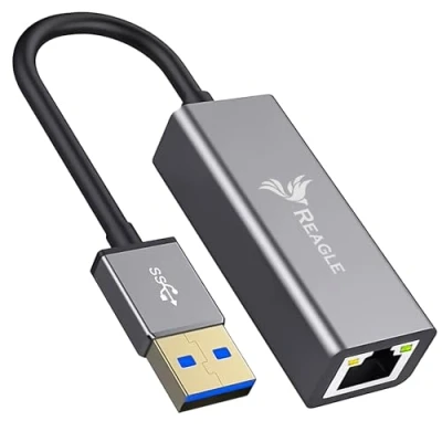 Bild av Reagle USB A till Ethernet adapter, Gigabit nätverksadapter, SuperSpeed 3.2 Gen 1, 1000 Mb/s, Plug &amp; Play, aluminiumhölje, LED skärm, kompatibel med Windows/Mac/Linux, 13 cm kabel