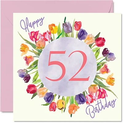 Bild av Vackra 52:a födelsedagskort för kvinnor akvarell tulpaner blommor bukett grattis på hennes mormor mamma födelsedagspresenter, 145 mm x härliga blommiga gratulationskort present