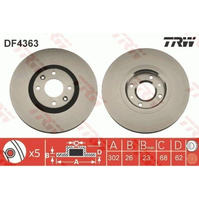 Bild av TRW DF4363 Disque de frein 302 26 4 108 ventilé peint à haute teneur en carbone PEUGEOT: 3008 I, 207 3/5 portes, 307 CITROËN: C4 Picasso 1