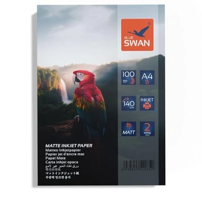 Bild av BLUE SWAN A4 Matt Bläckstråle Fotopapper, 100 Ark, 140 g/m², Dubbelsidig, Hög Färgbriljans, Låg Reflektion, Snabbtorkande, Kompatibelt med Bläckstråleskrivare