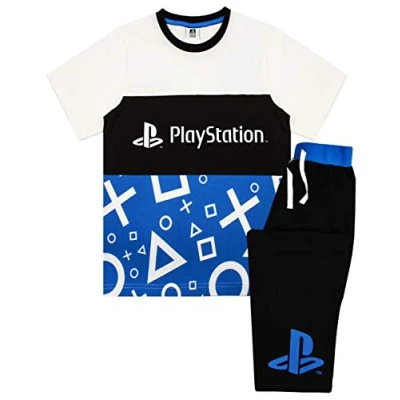 Bild av PlayStation pyjamas för pojkar barn och tonåringar logo t shirt loungepants PJ set bomull blå, vit svart nattkläder, spelare presentset, Flerfärgad, 11 12 År