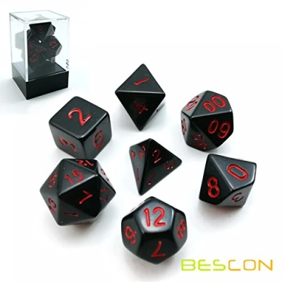 Bild av Bescon Polyhedral tärningsset ogenomskinlig svart med röda siffror, RPG 7 d4 d6 d8 d10 d12 d20 d% tegelbox pack