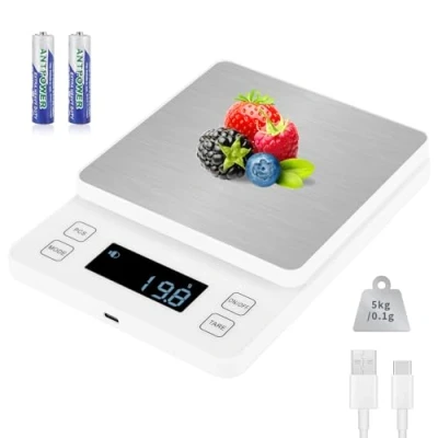 Bild av Howeifull köksvåg 5 kg med 0,1 g hög precision, USB C laddning, 10 enheter, vägningsplattform i rostfritt stål, digital våg för bakning och matlagning