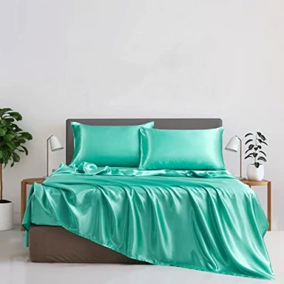 Bild av Damier satin resårlakan 180 x 200 cm grön mintgrön silke glänsande högkvalitativ deluxe lakan, lämpligt för madrasser upp till 30
