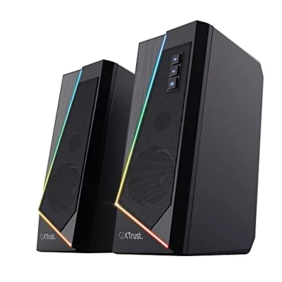 Bild av Trust Gaming GXT 609 Zoxa 2.0 PC högtalare, 12 W toppeffekt, RGB upplyst set, USB drivet ljudsystem, 3,5 mm aux, volymkontroll, stereodatorhögtalare för stationär och bärbar dator svart
