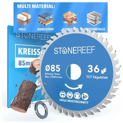 Bild av STONE REEF Sågblad 85 x 15 Cirkelsågblad [inkl. adapter till borrning 20 &amp; 16 mm], kompatibel med vinkelslip från Bosch, Makita etc. cirkelsåg nagelsäker för trä, metall och aluminium