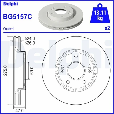 Bild av DELPHI BG5157C Disque de frein 275 26 5 ventilé revêtu non traité sans roulement roue, bague ABS