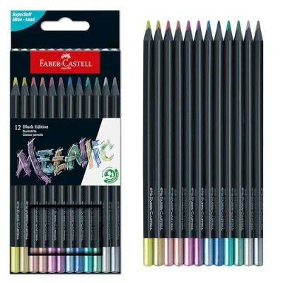 Bild av Faber Castell Black Edition metalliska färgpennor: 12 Count, svart trä och supermjuk kärna blyfärgad pennset, färgpennor, färgpennor för barn, nybörjare konstnärer
